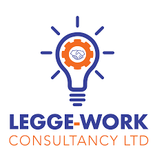 Logo for Legge-Work Consultancy Ltd featuring a light bulb with a gear and handshake inside, sunburst rays, and the company name.