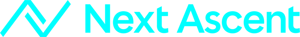 Next Ascent logo featuring a turquoise checkmark-like glyph and the company name in teal.