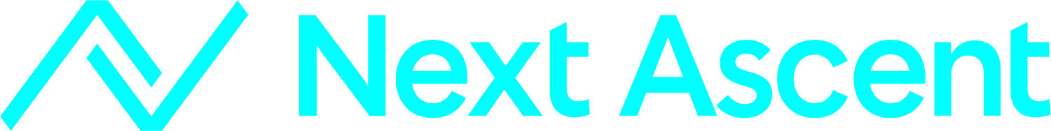 Next Ascent logo featuring a turquoise checkmark-like glyph and the company name in teal.