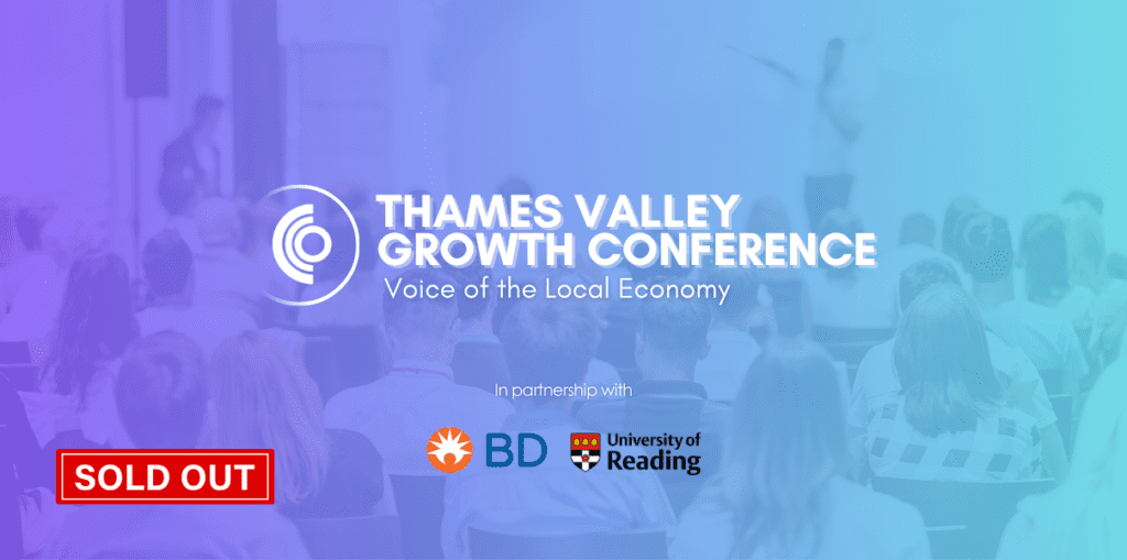 Banner for Thames Valley Growth Conference showing audience with a blue‑purple gradient, conference logo and partner logos; sold out badge present.