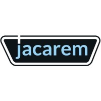 Jacarem logo: light-blue lowercase 'jacarem' on a black rounded badge with a white border