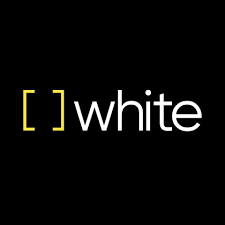 Logo showing yellow brackets before the word white in white letters on a black background.