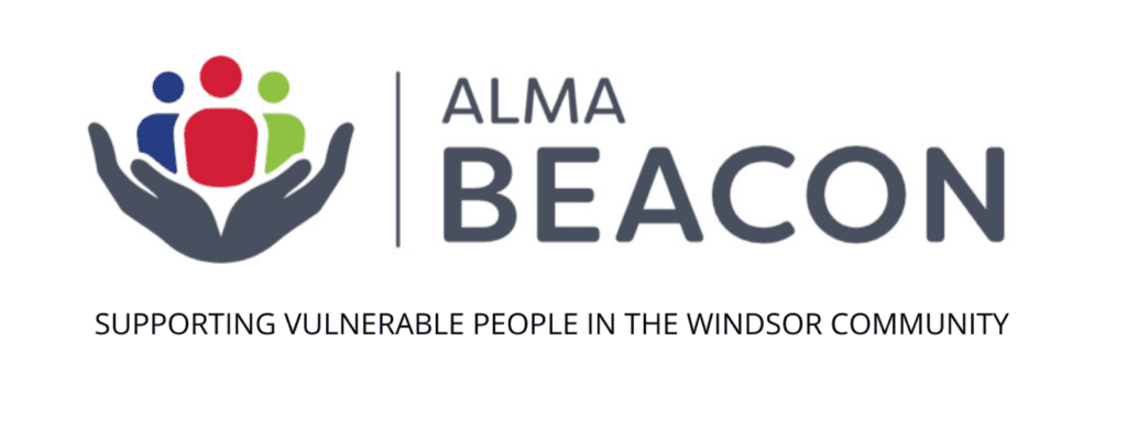 ALMA BEACON logo: hands cradling three colorful figures and the Windsor community support slogan.