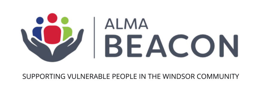 ALMA BEACON logo: hands cradling three colorful figures and the Windsor community support slogan.