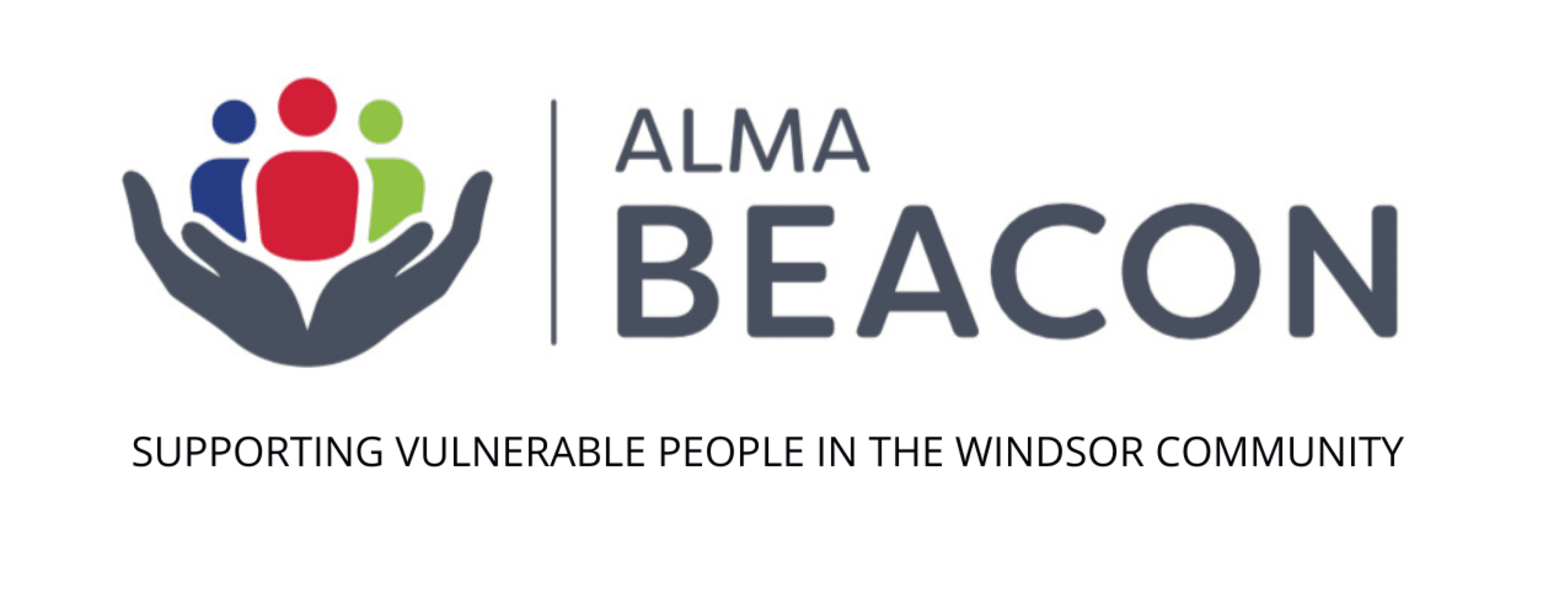 ALMA BEACON logo: hands cradling three colorful figures and the Windsor community support slogan.