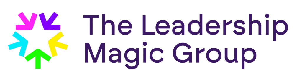 Logo for The Leadership Magic Group: a multicolored star made of arrows and the purple wordmark to the right.