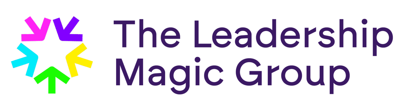 Logo for The Leadership Magic Group: a multicolored star made of arrows and the purple wordmark to the right.
