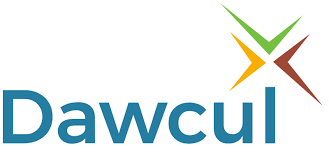 Dawcul logo: blue wordmark with a multicolored starburst shape (green, yellow, orange, brown) in the top-right corner.