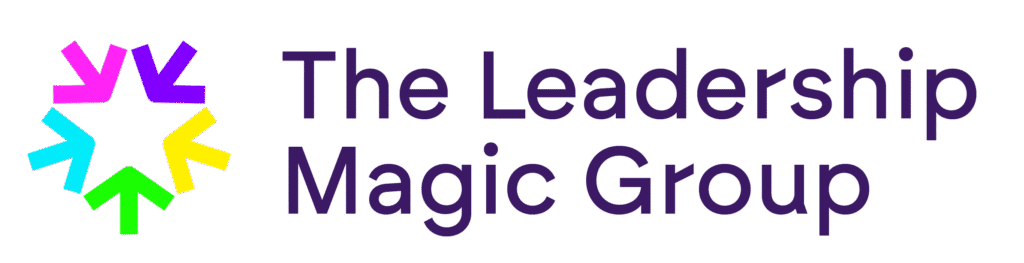 Logo for The Leadership Magic Group with a colorful starburst of arrows around a central star and the name in purple text.