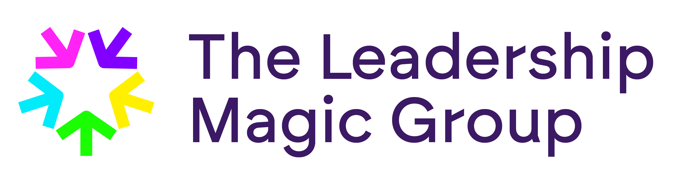 Logo for The Leadership Magic Group with a colorful starburst of arrows around a central star and the name in purple text.