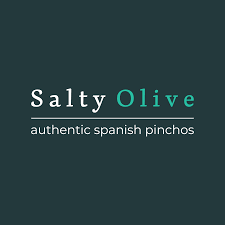 Logo for Salty Olive, an authentic Spanish pinchos brand, with 'Salty' in white and 'Olive' in teal on a dark teal background.