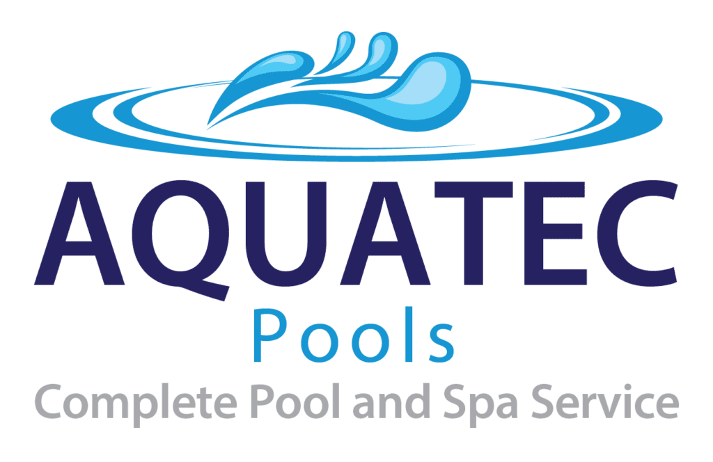 Aquatec Pools logo featuring a blue water splash above an oval with the text “AQUATEC Pools” and the tagline “Complete Pool and Spa Service.”