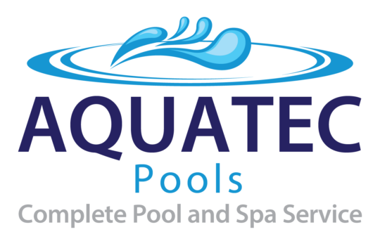 Aquatec Pools logo featuring a blue water splash above an oval with the text “AQUATEC Pools” and the tagline “Complete Pool and Spa Service.”