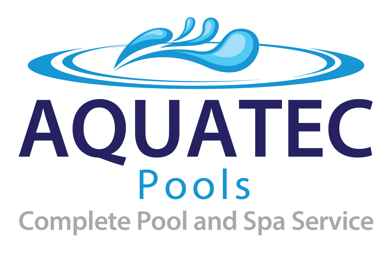 Aquatec Pools logo featuring a blue water splash above an oval with the text “AQUATEC Pools” and the tagline “Complete Pool and Spa Service.”