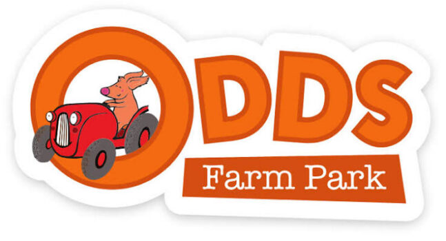 ODDS Farm Park logo with an orange circle, red tractor, and cartoon mouse driving it