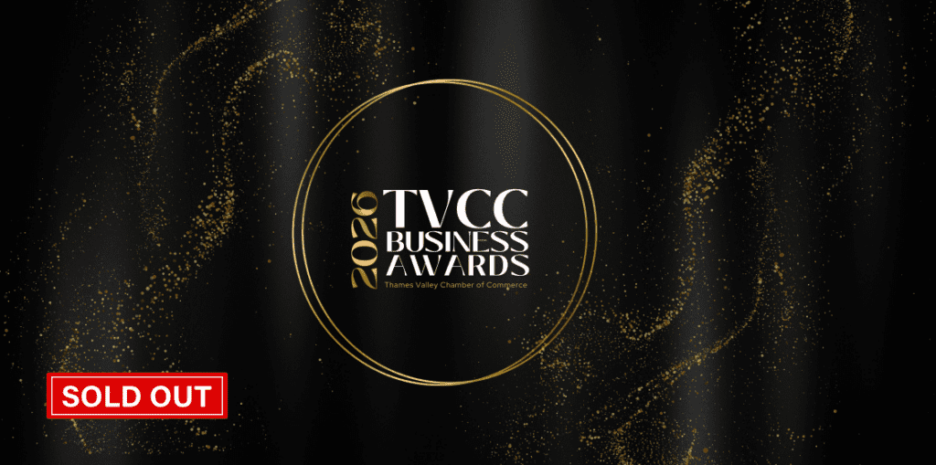TVCC 2020 Business Awards logo centered on a black background with a gold circular frame and sparkling accents; red SOLD OUT badge in the lower left.