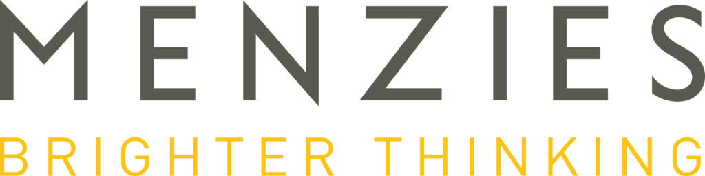 Menzies Brighter Thinking logo with dark gray 'MENZIES' on top and yellow 'BRIGHTER THINKING' tagline below.
