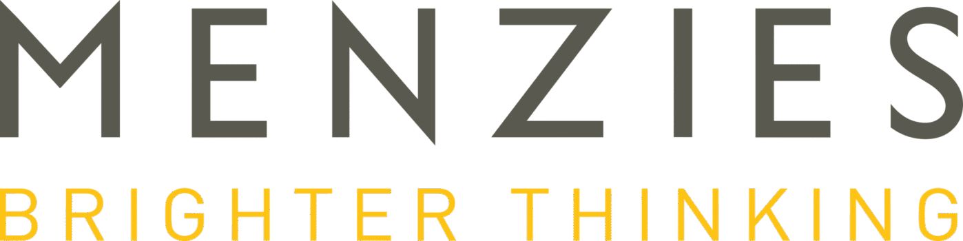 Menzies Brighter Thinking logo with dark gray 'MENZIES' on top and yellow 'BRIGHTER THINKING' tagline below.