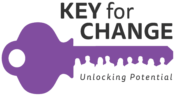Logo for Key for Change featuring a purple key with silhouettes of people along the key blade and the tagline 'Unlocking Potential'.