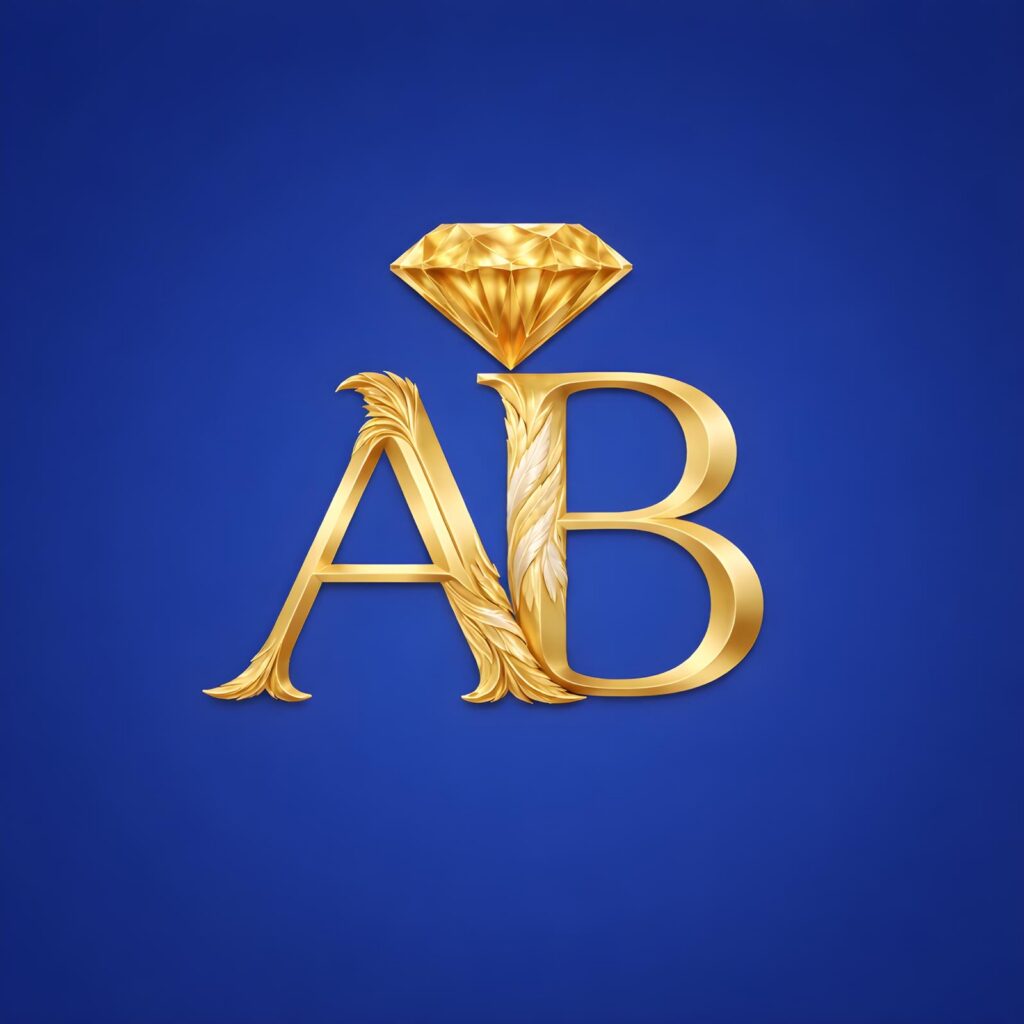 Gold monogram AB with a diamond on top, set against a deep blue background (luxury branding)