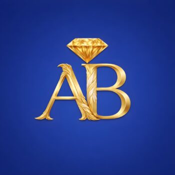 Gold monogram AB with a diamond on top, set against a deep blue background (luxury branding)