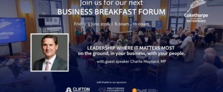 Promotional banner for a business breakfast forum featuring a speaker portrait on the left, audience in a conference room, and sponsor logos along the bottom.