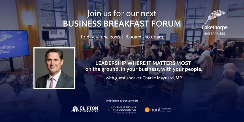 Promotional banner for a business breakfast forum featuring a speaker portrait on the left, audience in a conference room, and sponsor logos along the bottom.