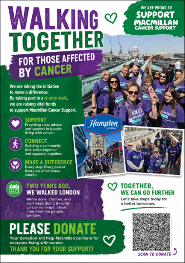 Walking Together charity banner: group of people in purple shirts on a bridge, fundraising for Macmillan Cancer Support with 'Please donate' message.