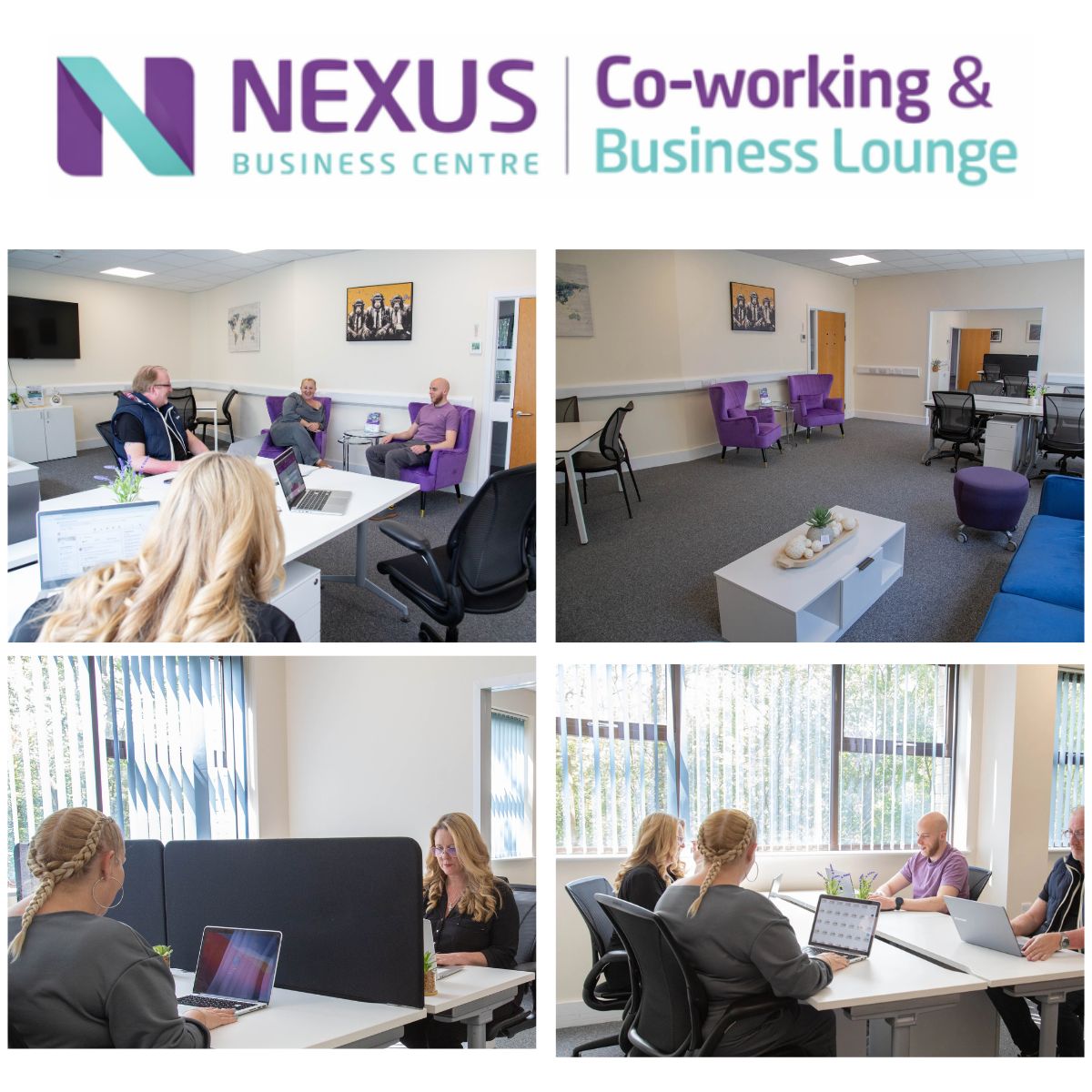 Nexus Co-working & Business Lounge logo at the top of the page, with purple and teal branding
