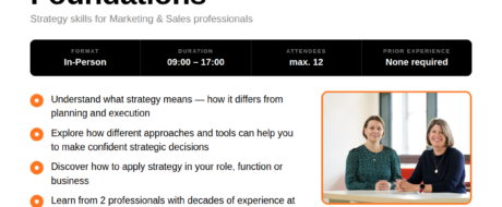 Hero section advertising a full-day workshop titled 'Build Strategic Foundations' for marketing and sales professionals, with £249 + VAT price badge and schedule details; right-side photo of two women at a table.