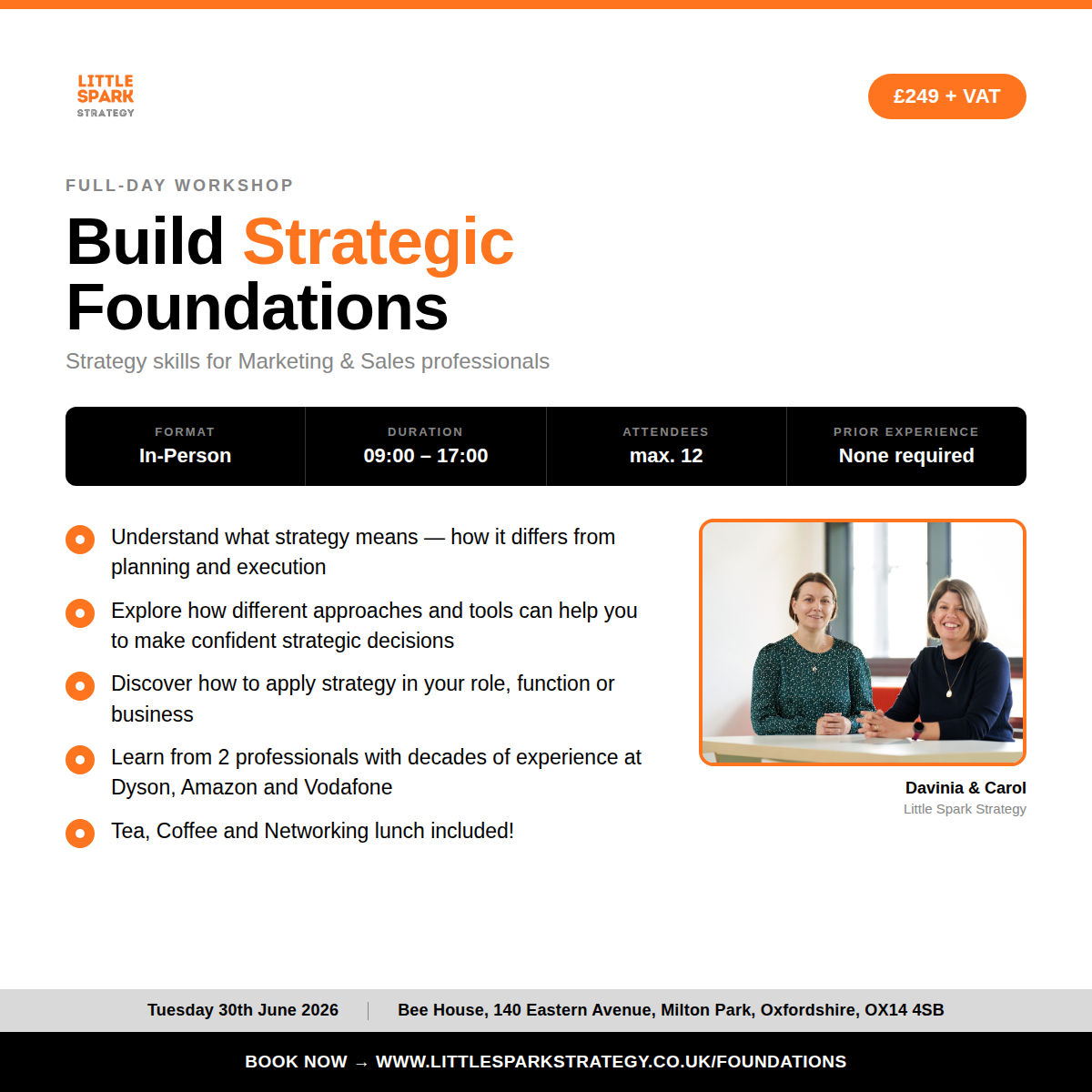 Hero section advertising a full-day workshop titled 'Build Strategic Foundations' for marketing and sales professionals, with £249 + VAT price badge and schedule details; right-side photo of two women at a table.
