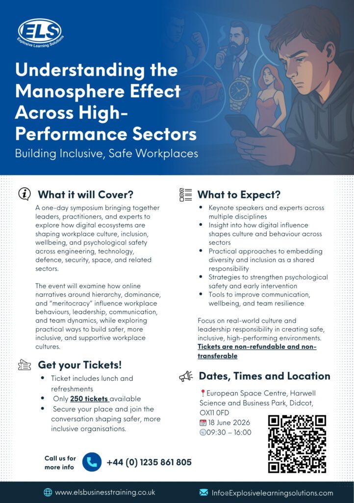 Event poster for ELS titled 'Understanding the Manosphere Effect Across High-Performance Sectors' with sections 'What it will Cover?' and 'What to Expect?', plus QR code and contact info.
