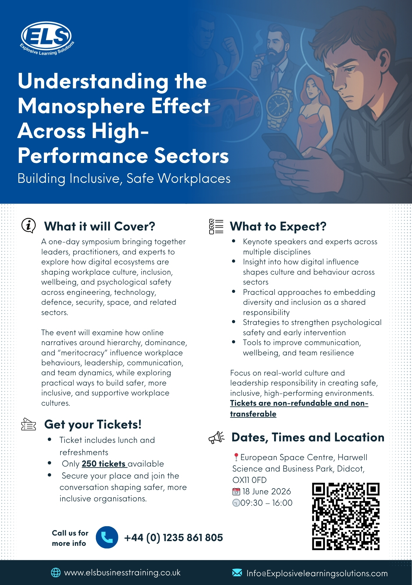 Event poster for ELS titled 'Understanding the Manosphere Effect Across High-Performance Sectors' with sections 'What it will Cover?' and 'What to Expect?', plus QR code and contact info.