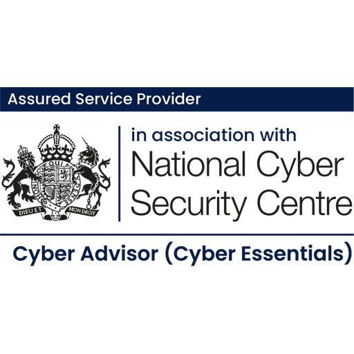Assured Service Provider badge with crest, stating partnership with the National Cyber Security Centre and 'Cyber Advisor (Cyber Essentials)'.