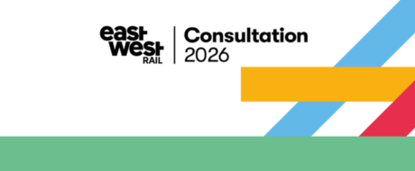 Banner for East West Rail Consultation 2026 with blue diagonal stripes, a yellow bar, and a red stripe on a white background, plus a green bottom band.