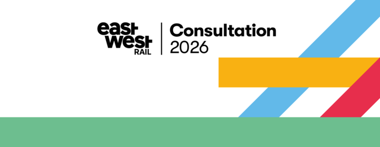 Banner for East West Rail Consultation 2026 with blue diagonal stripes, a yellow bar, and a red stripe on a white background, plus a green bottom band.