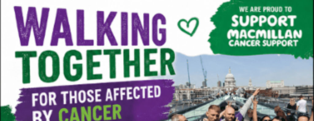 Banner for 'Walking Together for those affected by cancer' with bold purple and green lettering, a green heart icon, and a photo of people on a bridge in the background promoting Macmillan Cancer Support.