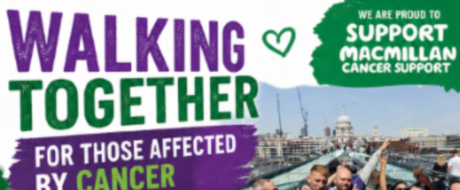 Banner for 'Walking Together for those affected by cancer' with bold purple and green lettering, a green heart icon, and a photo of people on a bridge in the background promoting Macmillan Cancer Support.