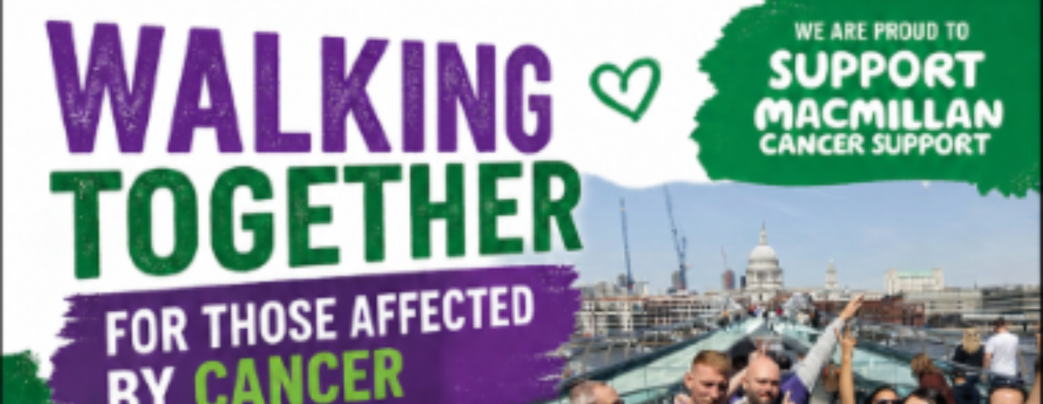 Banner for 'Walking Together for those affected by cancer' with bold purple and green lettering, a green heart icon, and a photo of people on a bridge in the background promoting Macmillan Cancer Support.