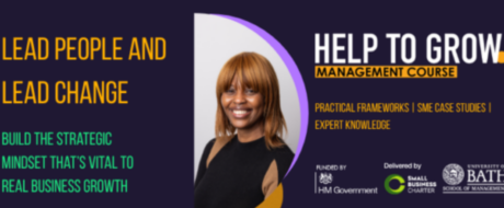 Promotional banner for a management course featuring a smiling woman with purple arc and bold text about leadership and growth benefits.