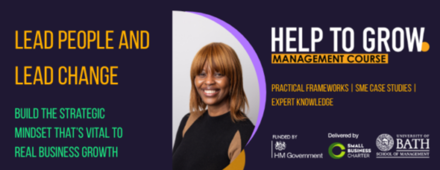 Promotional banner for a management course featuring a smiling woman with purple arc and bold text about leadership and growth benefits.