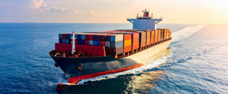 Large container ship sailing on calm blue ocean at sunset with stacked colorful cargo containers on deck.