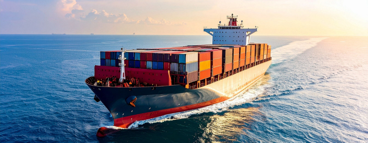 Large container ship sailing on calm blue ocean at sunset with stacked colorful cargo containers on deck.