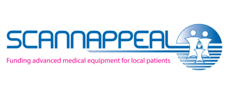 SCANAPPEAL logo: blue wordmark with a circular gradient emblem on the right and a pink tagline reading 'Funding advanced medical equipment for local patients'.