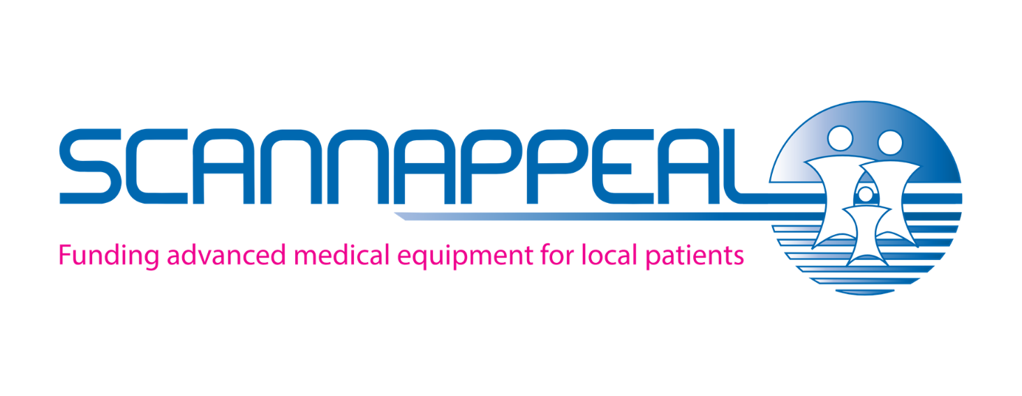 SCANAPPEAL logo: blue wordmark with a circular gradient emblem on the right and a pink tagline reading 'Funding advanced medical equipment for local patients'.