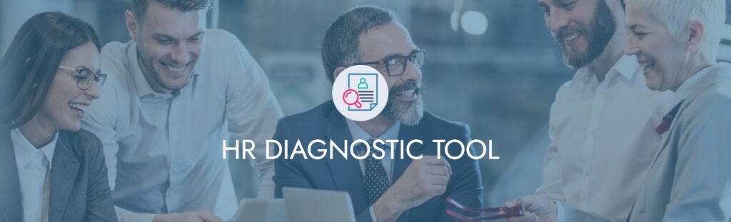 Group of smiling colleagues around a table, with an HR tool icon and the text HR DIAGNOSTIC TOOL.