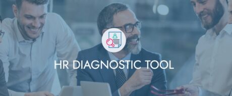 Group of smiling colleagues around a table, with an HR tool icon and the text HR DIAGNOSTIC TOOL.