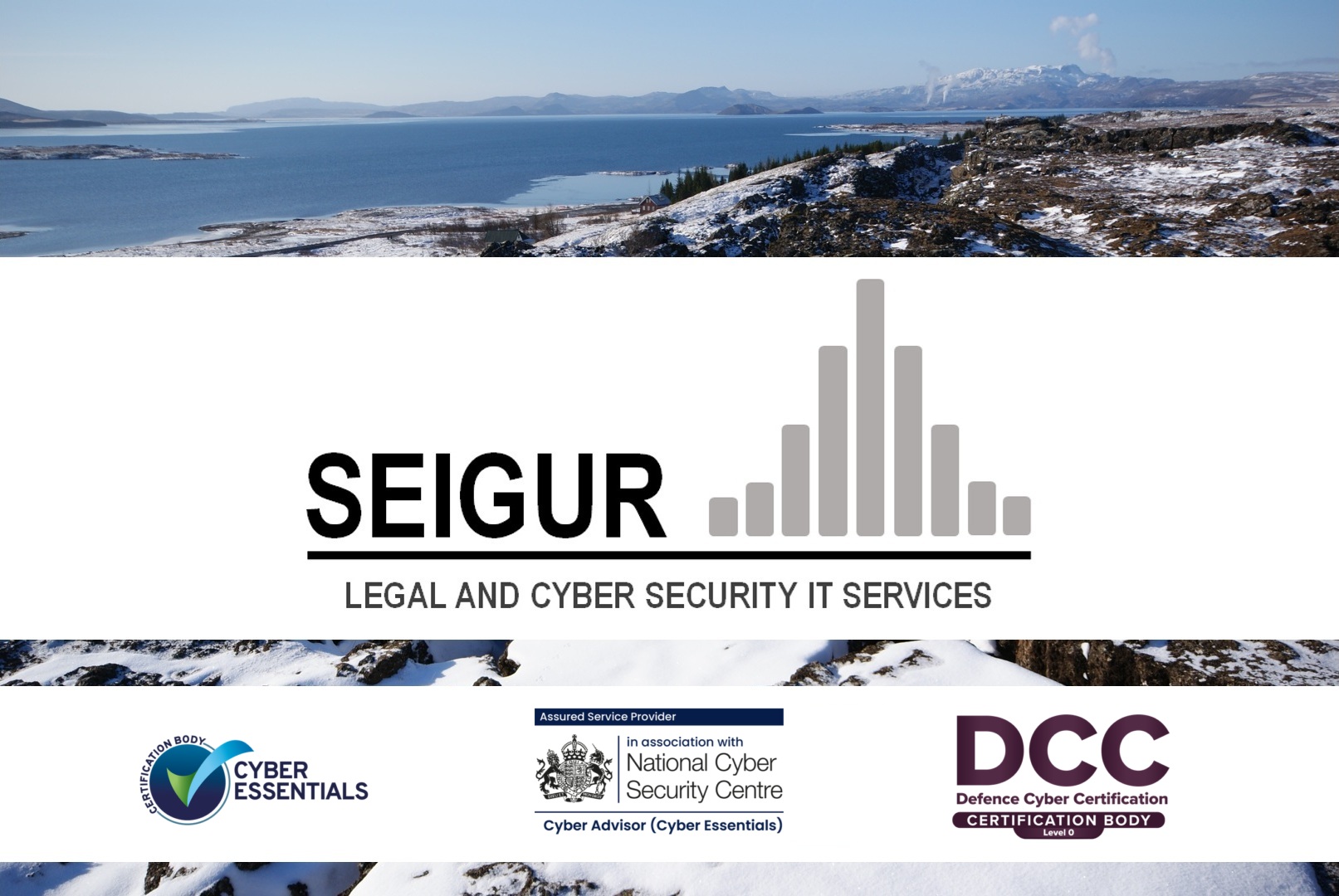 Panoramic snowy coastline with blue sea and distant mountains; large SEIGUR banner with partner logos (Cyber Essentials, National Cyber Security Centre, Defence Cyber Certification).