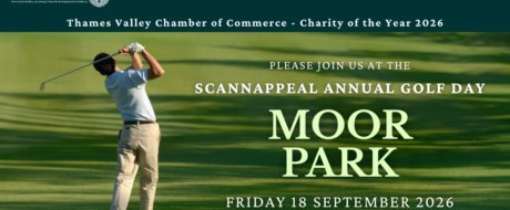 Golfer swinging on a green with event text: Scannappeal Annual Golf Day, Moor Park, Friday 18 September 2026.