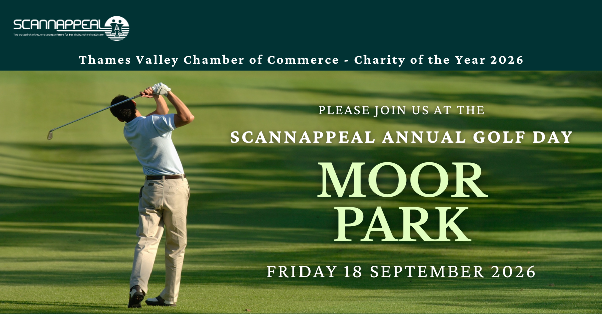 Golfer swinging on a green with event text: Scannappeal Annual Golf Day, Moor Park, Friday 18 September 2026.